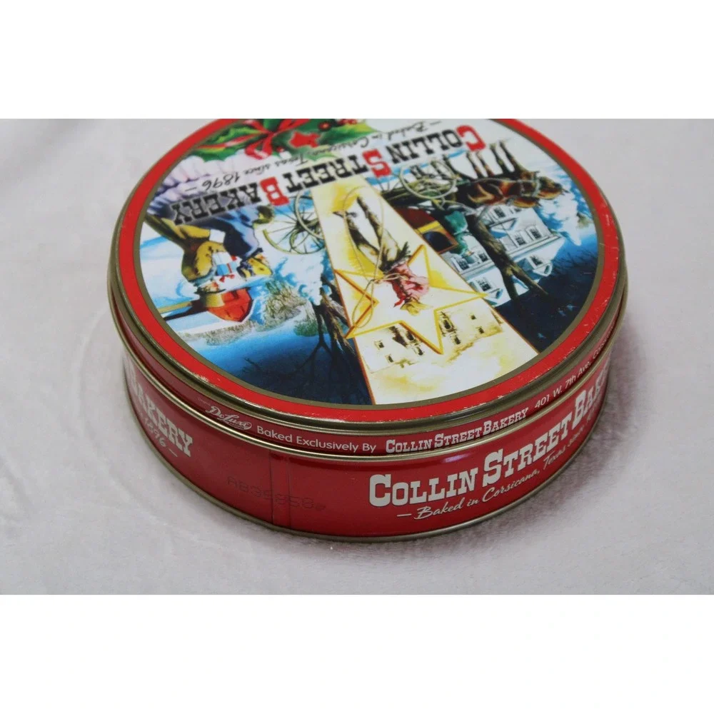 Collin Street Bakery Texas Fruitcake Tin Vintage Red Christmas Cowboy Decor